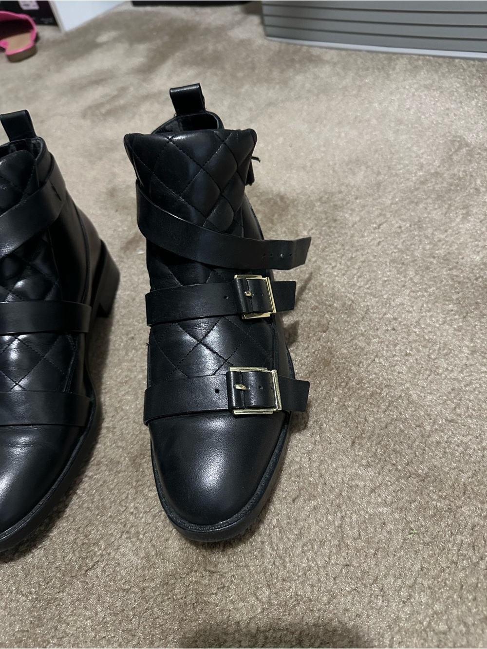 Zara Black Quilted Buckle Ankle Boots